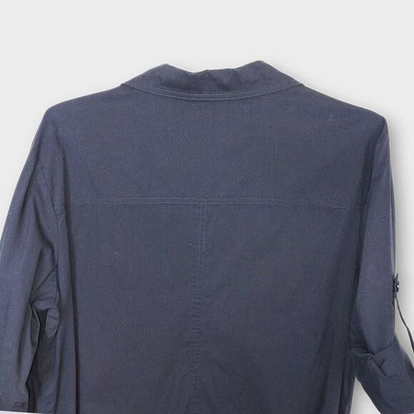 Ellen Tracy Shirt Dress Sz 14 Navy Tab Sleeves Gold Metal Button Front Lagenlook - Picture 4 of 9